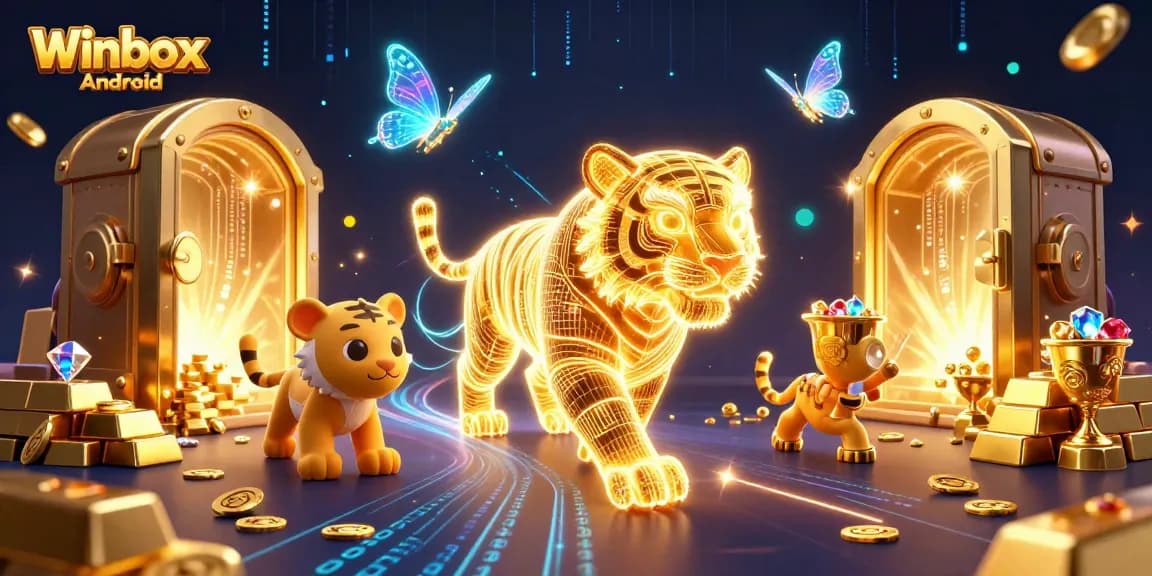 Spin and win with the Winbox Android app set in a dazzling digital casino landscape.
