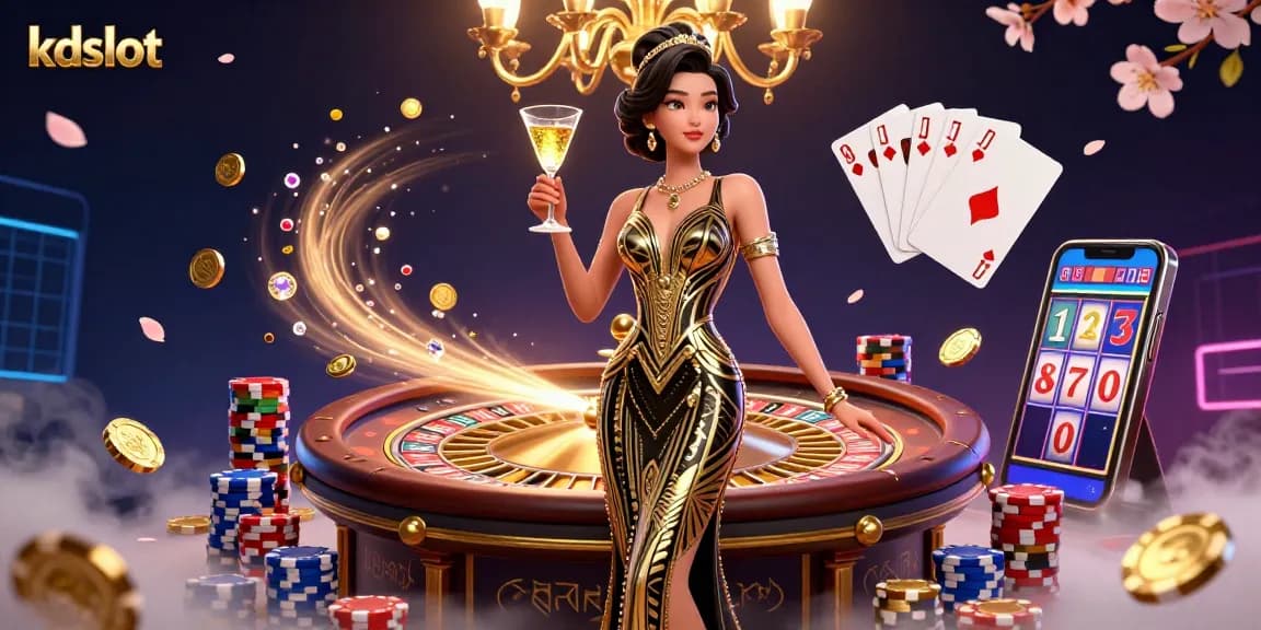 Experience the thrill of kdslot with stunning visuals of an elegant casino scene filled with golden coins, poker chips, and thrilling gameplay.