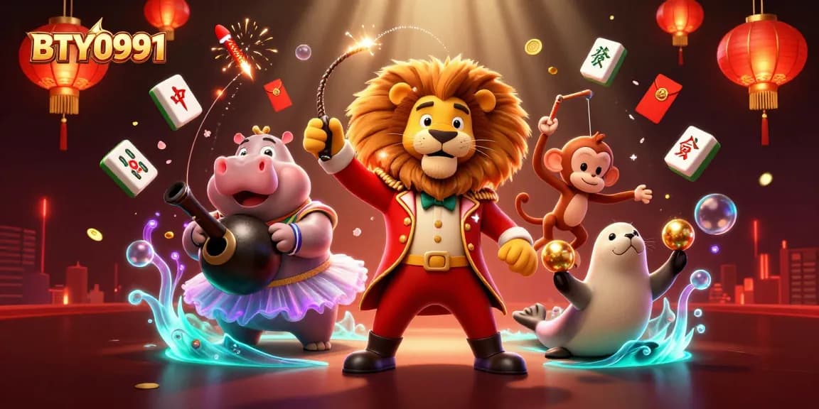 Bet on excitement with BTY0991 in a vibrant 3D circus-themed casino illustration.