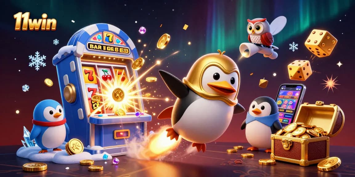 Experience the excitement of 11win as a golden penguin blasts to a casino space station amidst thrilling game elements.