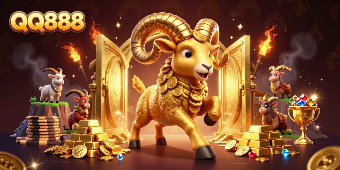 Experience exciting wins at QQ888, featuring a golden ram amidst treasure in a dynamic casino scene.