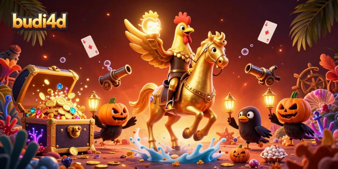 Budi4d's engaging golden rooster in a vibrant online casino scene, capturing thrilling gaming moments.