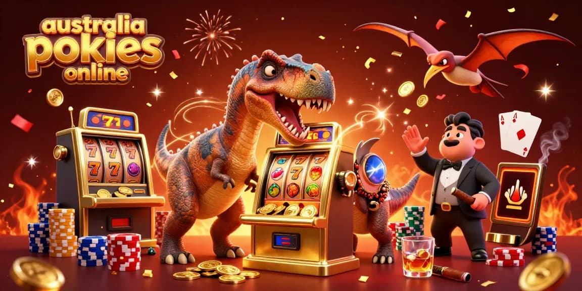 Australia pokies online scene with a dinosaur headbutting a slot machine, coins flying in celebration.