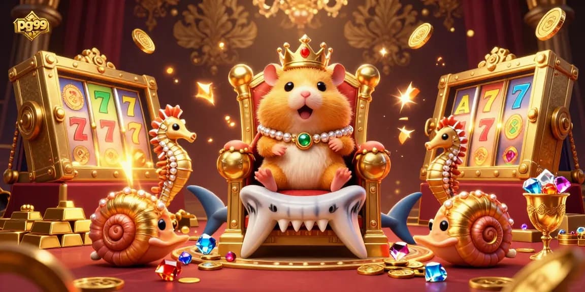 Experience the excitement of pg99 with a golden hamster king in a vibrant 3D casino scene.