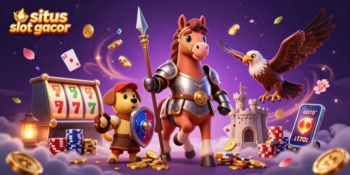 Situs slot gacor featuring a 3D knight, puppy, and falcon amidst coins, slot reels, and poker elements.
