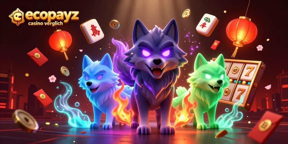 Ecopayz casino vergleich features a pack leader wolf with glowing eyes amidst casino elements.