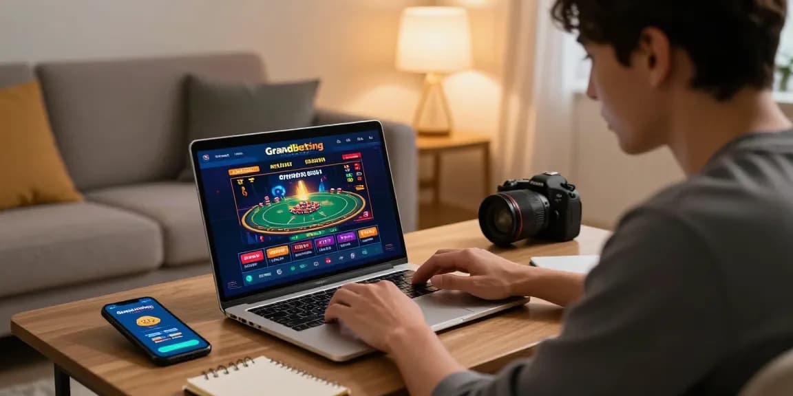 Engaging with Grandbetting online in a cozy living room, laptop, smartphone, and notepad visible.