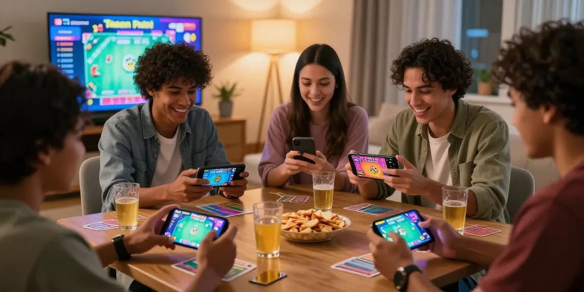 Exciting friends enjoying a card game download on mobile devices in a cozy living room, highlighting the joy of gaming.