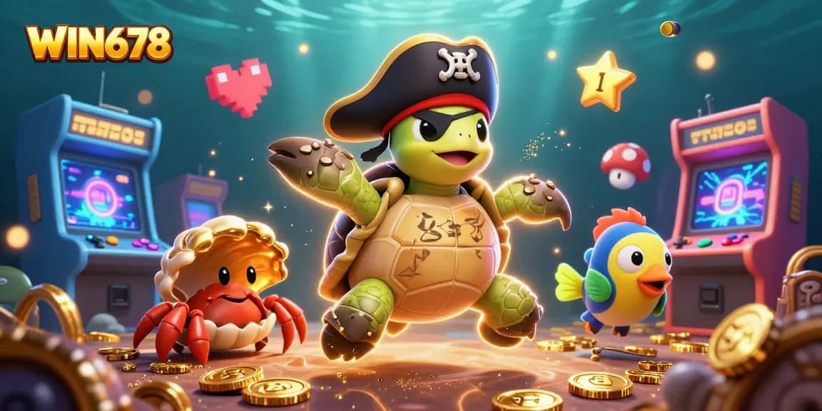 WIN678 showcases an exciting gaming scene with a pirate turtle, crab, and parrotfish around vivid arcade machines.