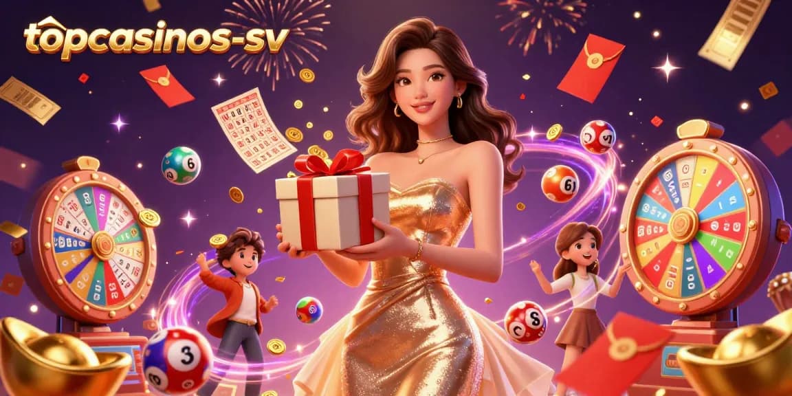 Experience excitement at topcasinos-sv with dynamic casino-themed illustration featuring festive elements.