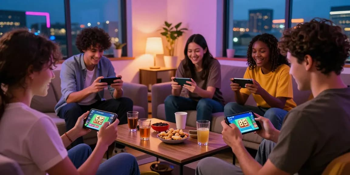 Players enjoying earning games on smartphones in a cozy living room.