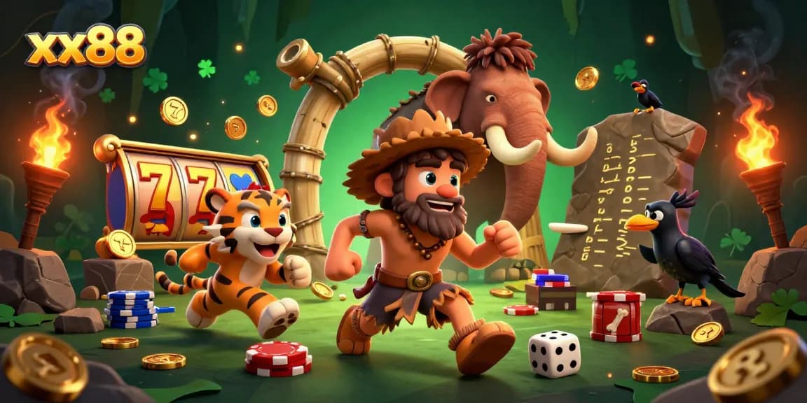 Experience the thrill of winning at xx88 with a lively jackpot scene featuring dynamic casino elements and characters.