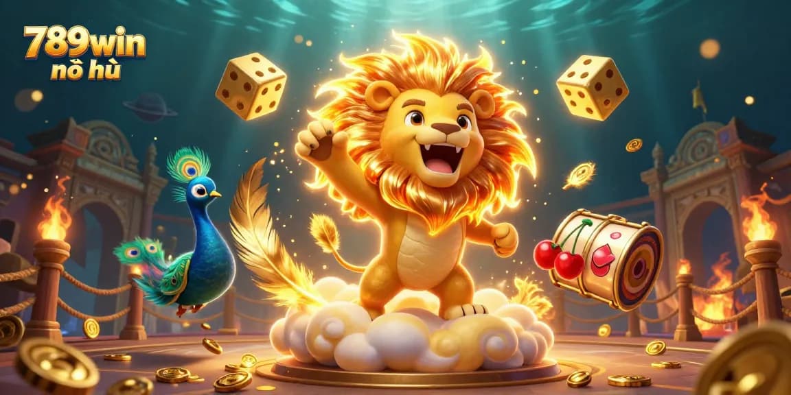 Experience the thrill of 789win nổ hũ with dynamic golden dice and roaring characters in a vibrant scene.