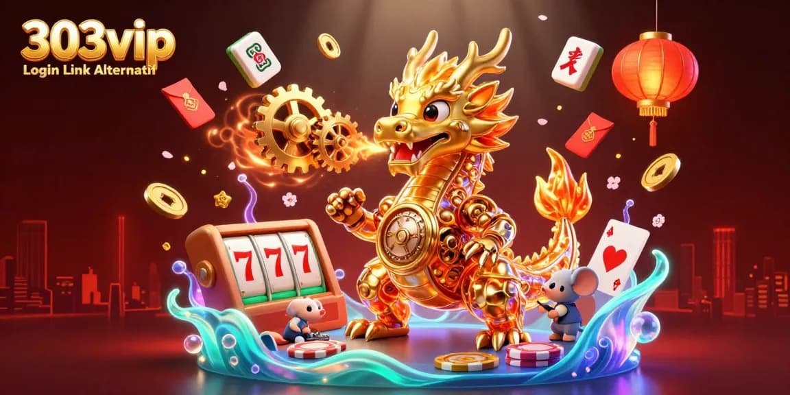 Experience the excitement of 303vip Login Link Alternatif with vibrant casino elements in a dynamic illustration.