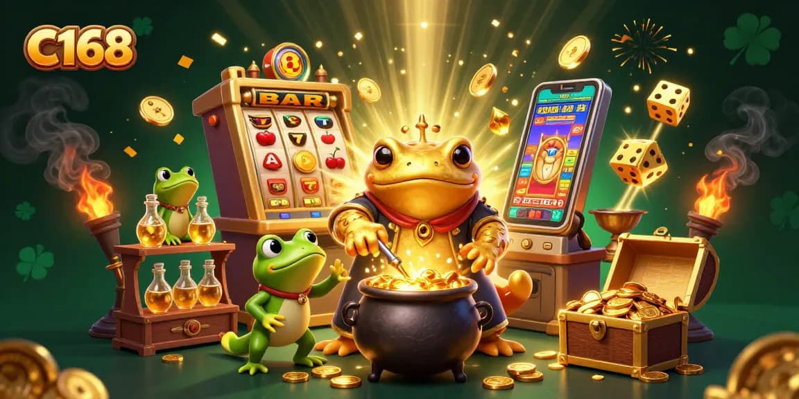 Engage with C168's magical realm, featuring alchemists and vibrant casino elements in a dynamic digital scene.
