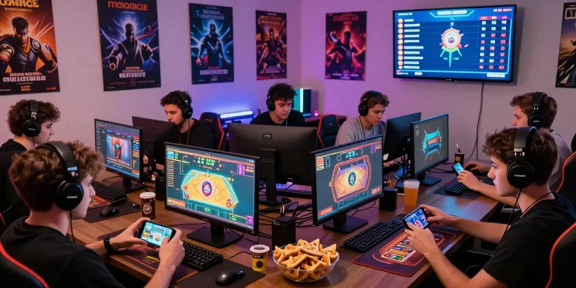 Group of players enjoying an online game with vibrant screens and gaming atmosphere.