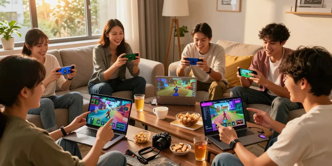 Pengguna bersenang-senang di portal hiburan digital 91dewa dengan perangkat mobile dan laptop, suasana hangat dan ceria