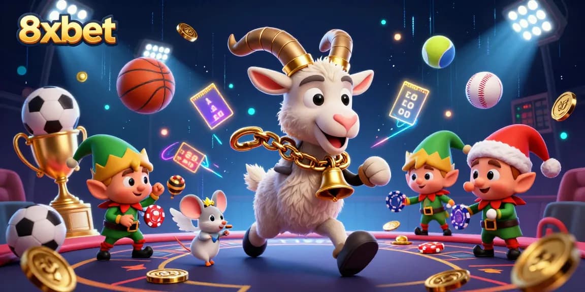 Engage in thrilling gaming experiences at 8xbet with an energetic holiday-themed casino illustration.