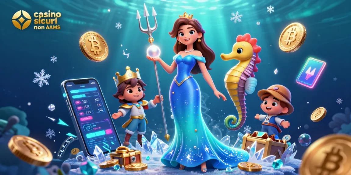 Unisciti all'emozione nei casino sicuri non AAMS con una straordinaria scena sottomarina che presenta una perla luminosa e elementi di criptovaluta.