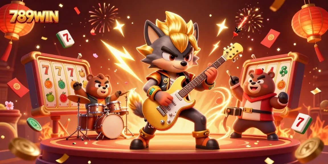 Play vibrant casino games with 789WIN featuring a rock star wolf and exciting slot elements.