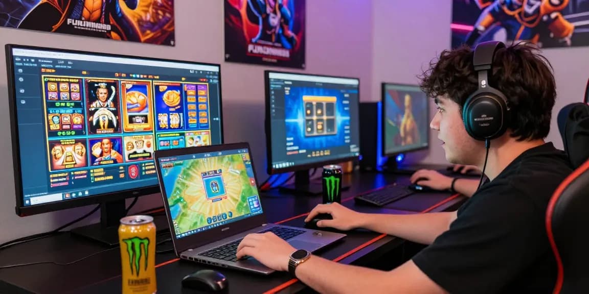Layanan pelanggan aktif di Fujiwin88 dengan pemain terlibat di platform judi online, suasana ceria saat bermain slot.