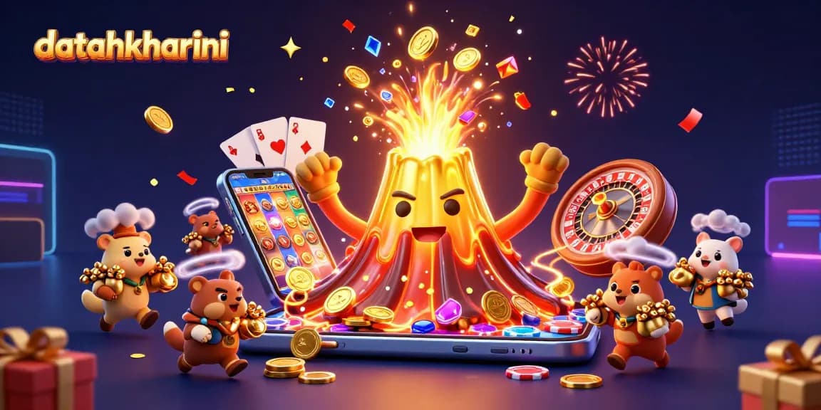 Menampilkan datahkhariini, gunung berapi emas 3D mengalami letusan koin dan harta, dikelilingi elemen game kasino.