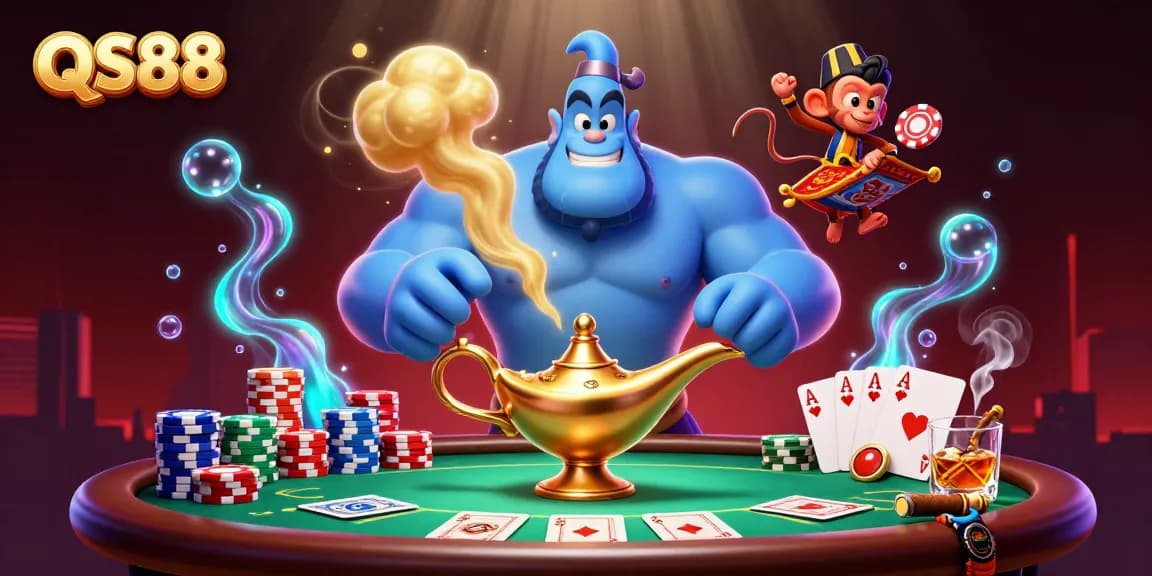 Experience the vibrant world of QS88 as the genie and monkey reveal exciting poker action!