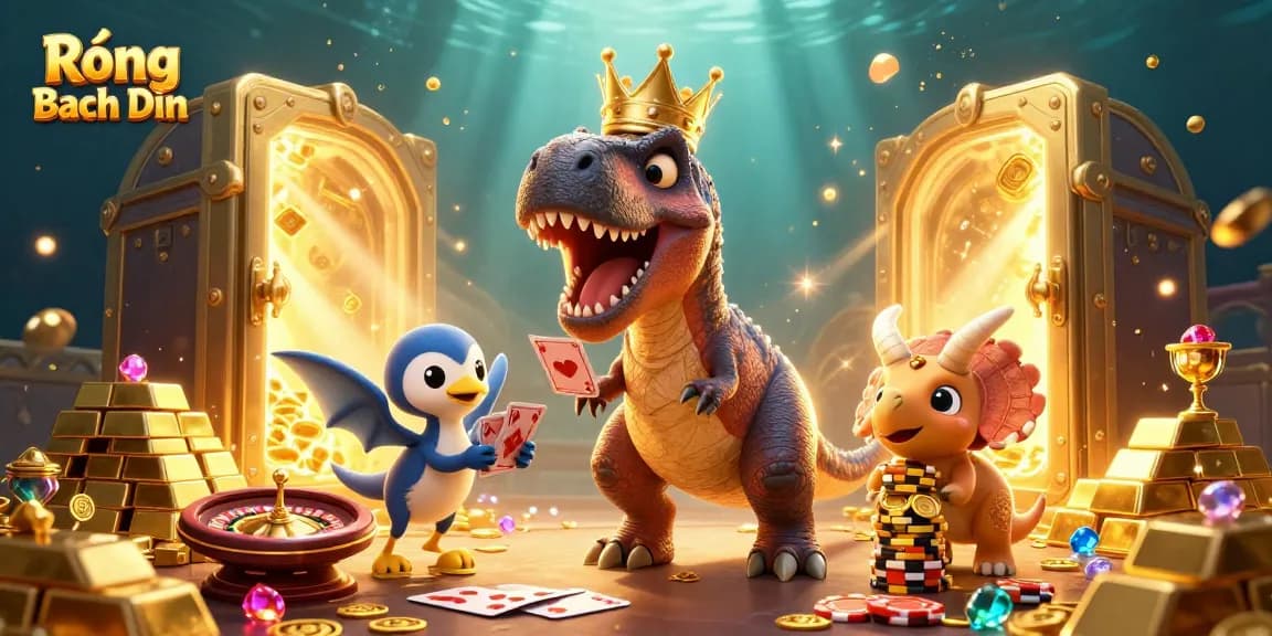 Engage with Rồng Bạch Kim as friendly characters enjoy a vibrant casino scene filled with jewels.