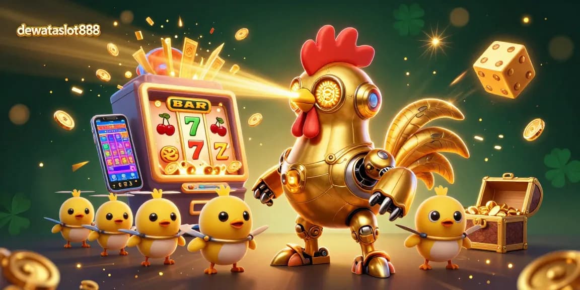 Ikuti keseruan bermain dewataslot888 dengan mesin slot yang meledak, simbol keberuntungan, dan robot emas yang ceria.