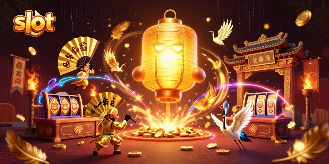 Engage with exciting slot reels as golden lantern spirits and companions illuminate a vibrant casino adventure.