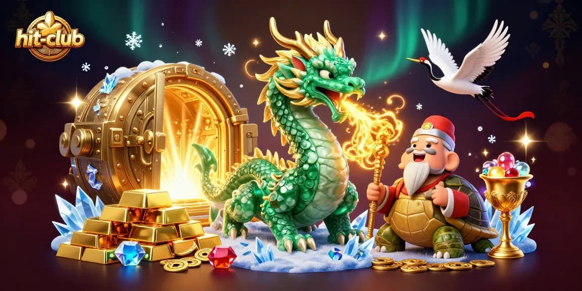 Hit-club features a jade dragon and lucky cranes amidst casino treasures and golden coins.