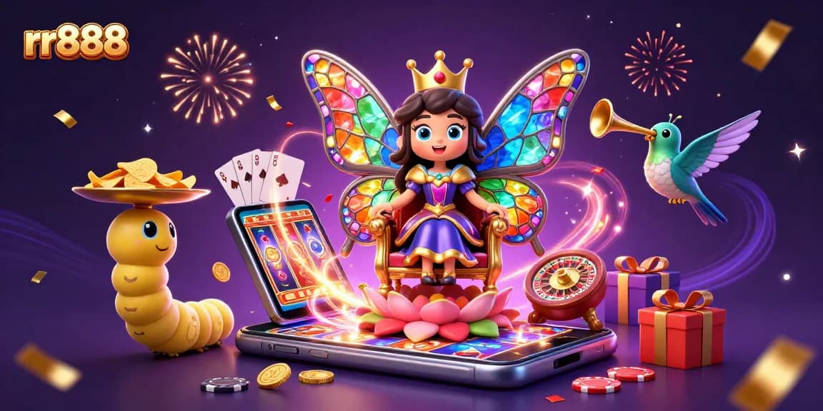 Experience an exciting gaming adventure with rr888's colorful casino illustration featuring the butterfly queen and dynamic game elements.