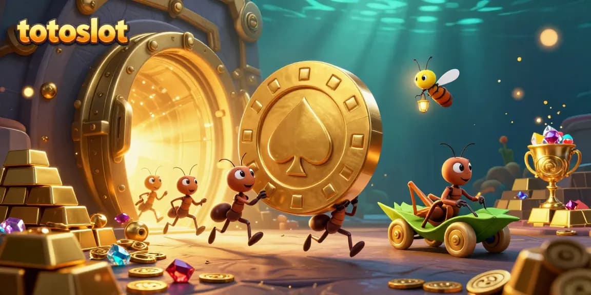 Experience the thrills of totoslot with a heist scene featuring cartoon ants, gold, and casino elements.