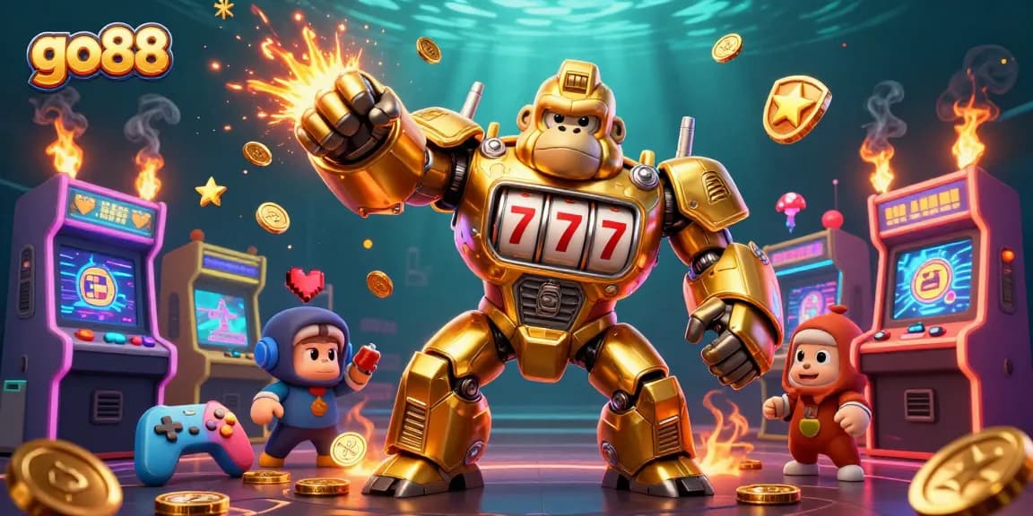 Experience exciting gameplay at go88 with a golden mech and dynamic gaming elements in a vibrant casino scene.