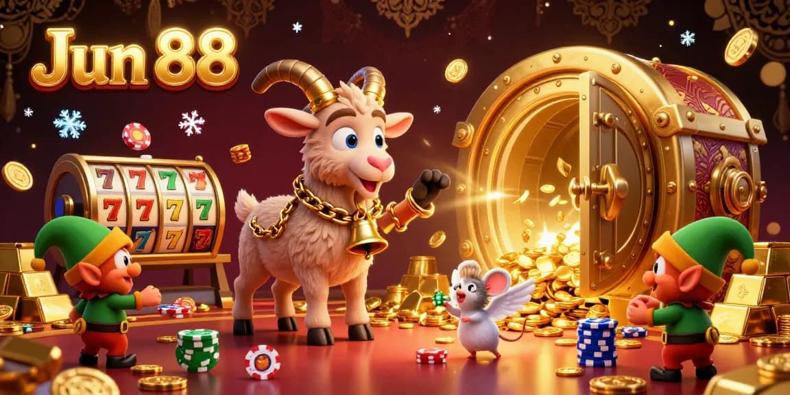 Engage in the excitement of Jun 88, where a Krampus goat oversees a dazzling casino under festive lights, vibrant treasures, and playful elf gremlins.