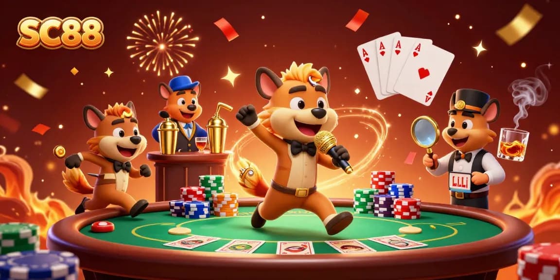 Experience the excitement at SC88 with a 3D hyena casino scene filled with poker action and vibrant atmosphere.