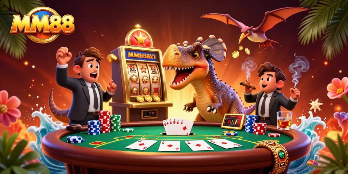 MM88 showcases a pachycephalosaurus winning jackpot coins at a casino, surrounded by vibrant gaming elements.