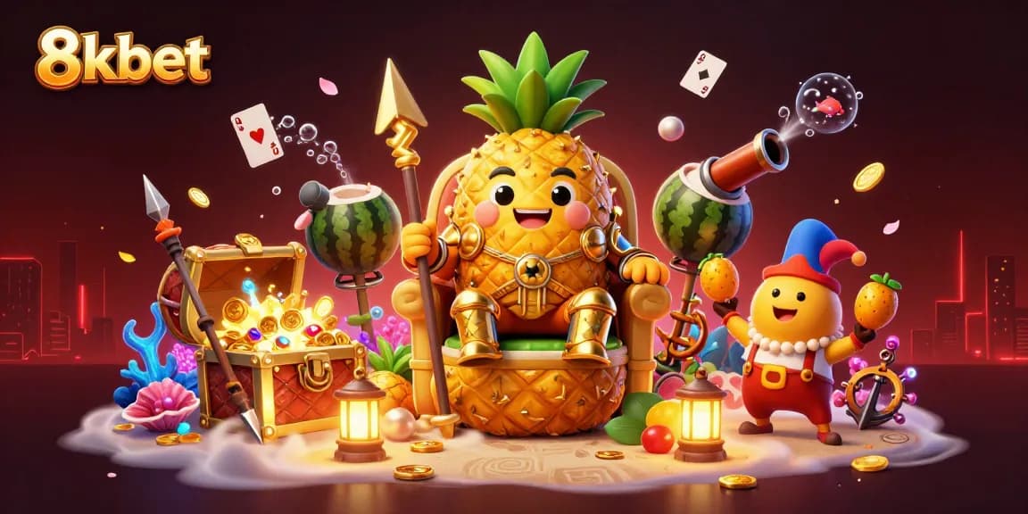 Engage in 8xbet's vibrant casino adventure with a golden pineapple king amidst treasures and excitement.
