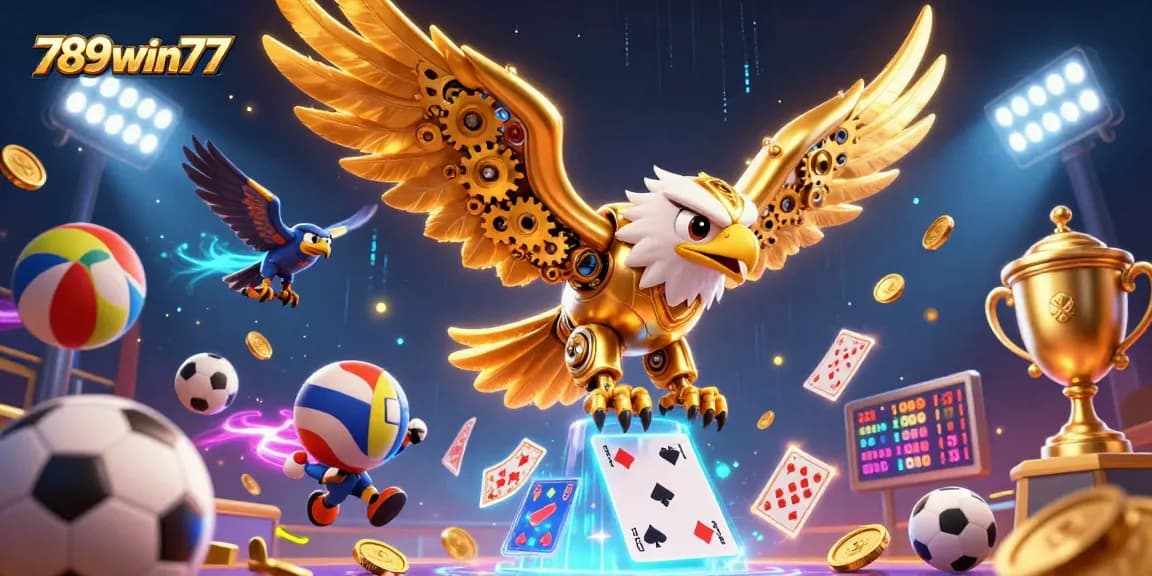 Experience the dynamic energy of 789win77 as a golden eagle dives through a cascade of holographic cards, surrounded by vibrant gaming elements.
