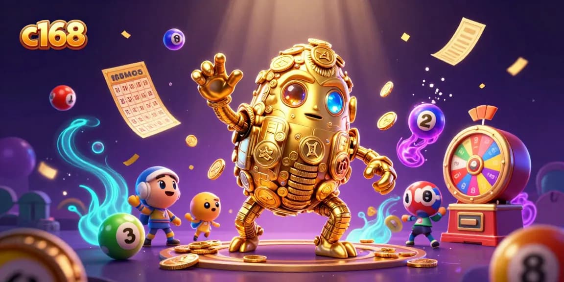 Experience the thrill of c168 with a golden golem and vibrant lottery elements in a dynamic 3D casino scene.