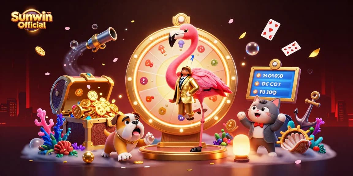 Engaging scene of Sunwin Official showcasing a flamingo host revealing prizes amidst colorful casino elements.