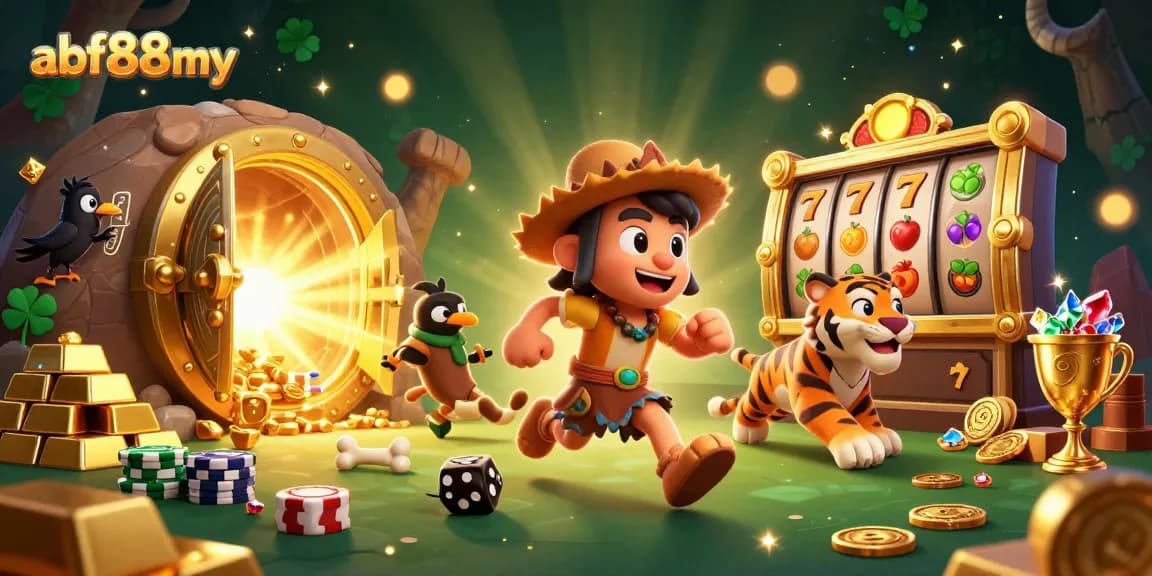 Engage with afb88my's vibrant prehistoric casino scene featuring caveman characters, slot reels, and shimmering treasures.