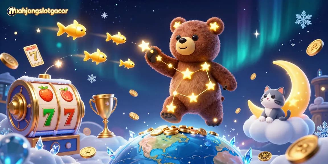 Experience winnings in mahjongslotgacor with a vibrant gambling scene featuring celestial characters and slot elements.