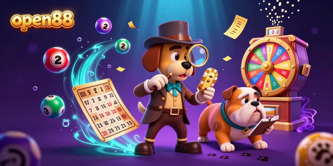 Examine the thrilling world of open88 with a cartoon detective uncovering poker treasures among vibrant casino elements.