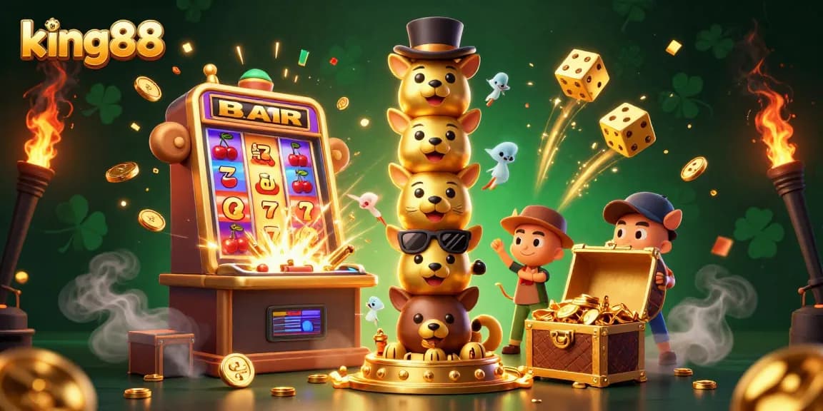 Experience king88 with a vibrant 3D casino scene featuring animated totems, slots, and festive elements.