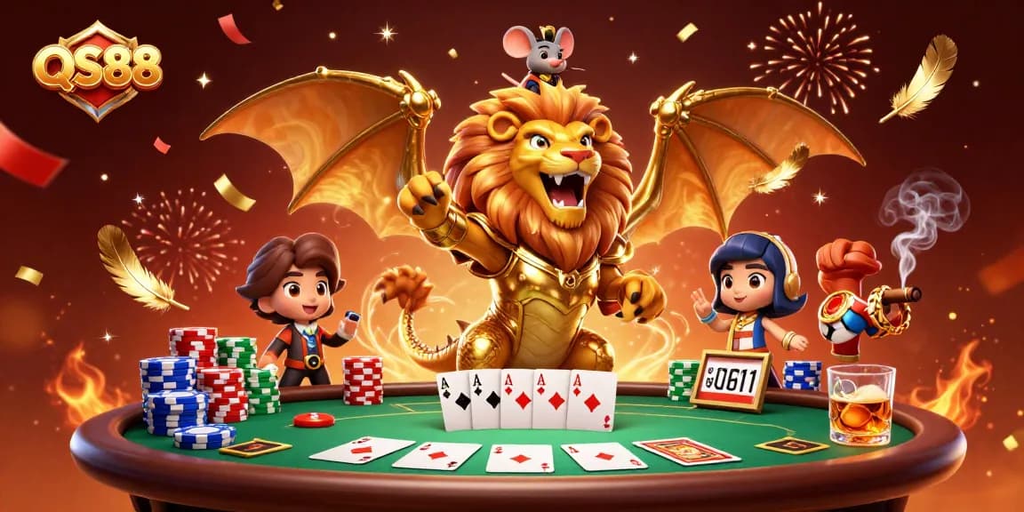 Experience thrilling gameplay at QS88 with a dynamic poker scene featuring a roaring chimera and brave mouse jockey.