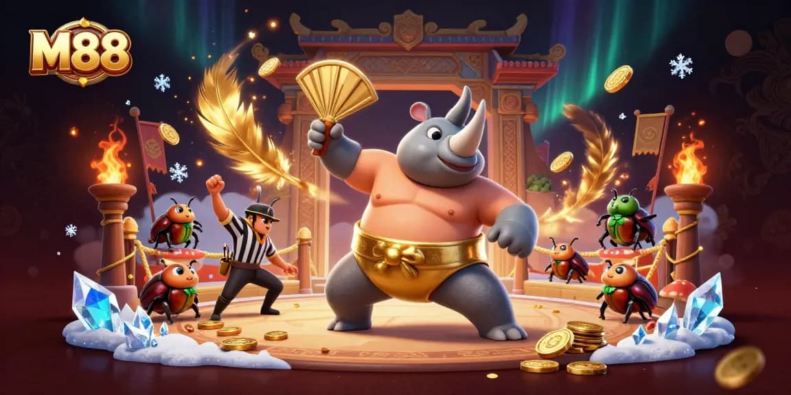 M88 menampilkan juara sumo kumbang badak di arena taruhan dengan koin emas berhamburan.