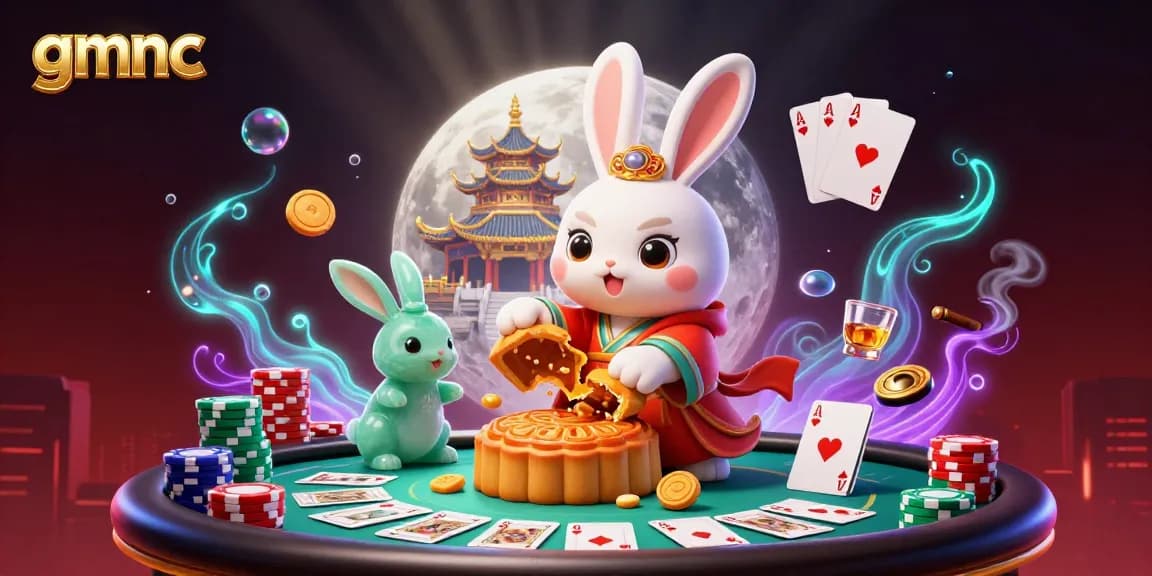 Experience the lunar-themed scene with gmnc where the moon rabbit reveals poker chips in an enchanting casino atmosphere.