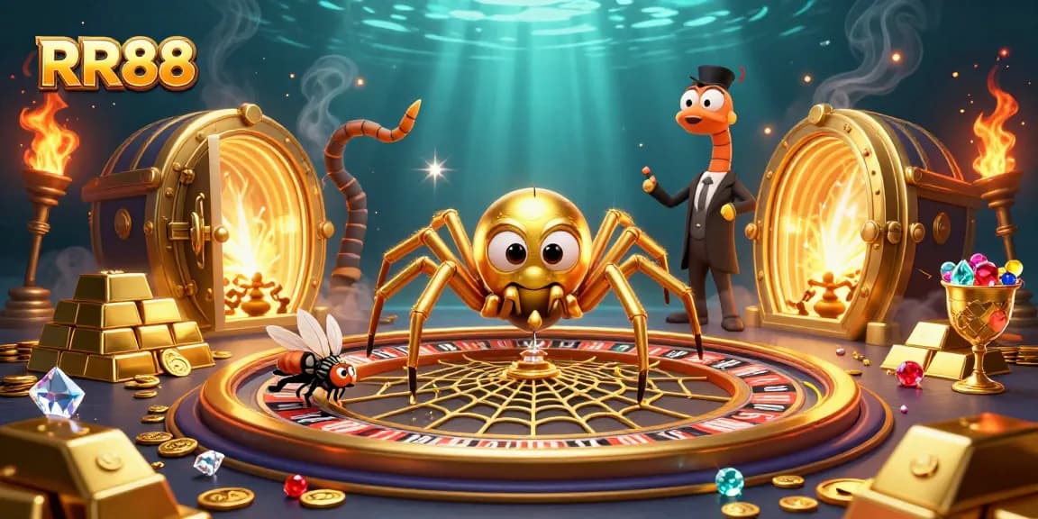 Experience thrilling bets at RR88 with cartoon characters amidst a vibrant casino adventure full of treasures.
