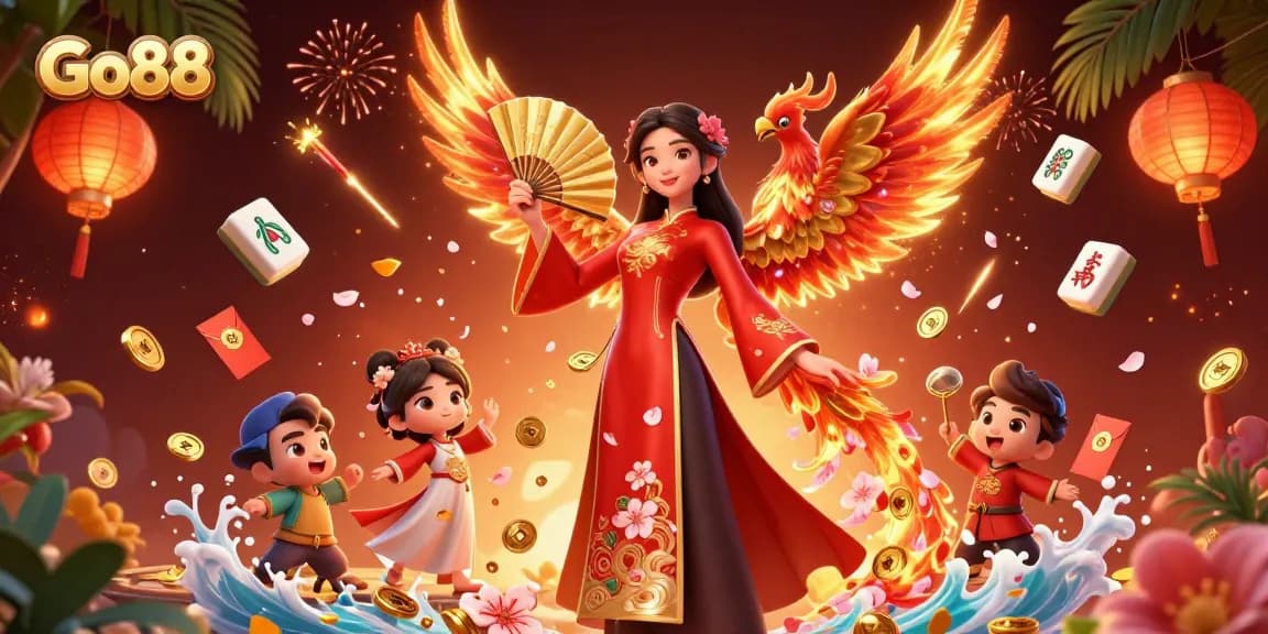 Engage with Go88 as vibrant characters celebrate with golden coins in this lively casino illustration.